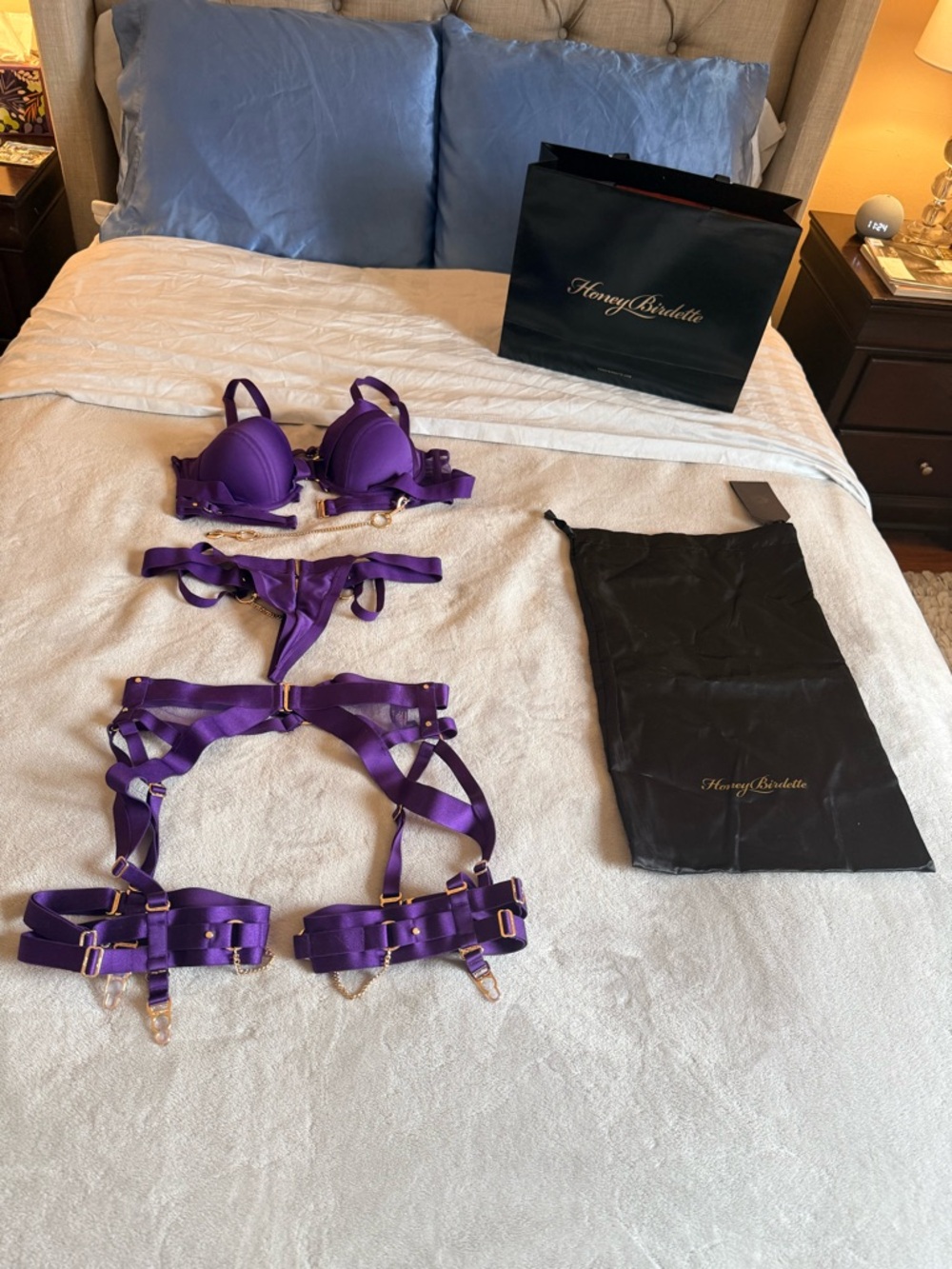 Honey Birdette Purple Kukuro 3 piece Set Harness Bra & Garter Set - Picture 2 of 4